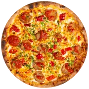 Italian meatball pizza with marinara sauce, mozzarella cheese, beef meatballs, and Calabrese peppers